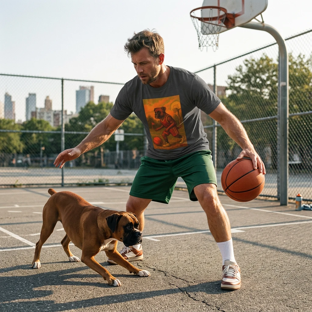 Basketball Boxer Puppy T Shirt For Sports Fans Unisex Softstyle Tee Cute Dog Design T-Shirt Printify