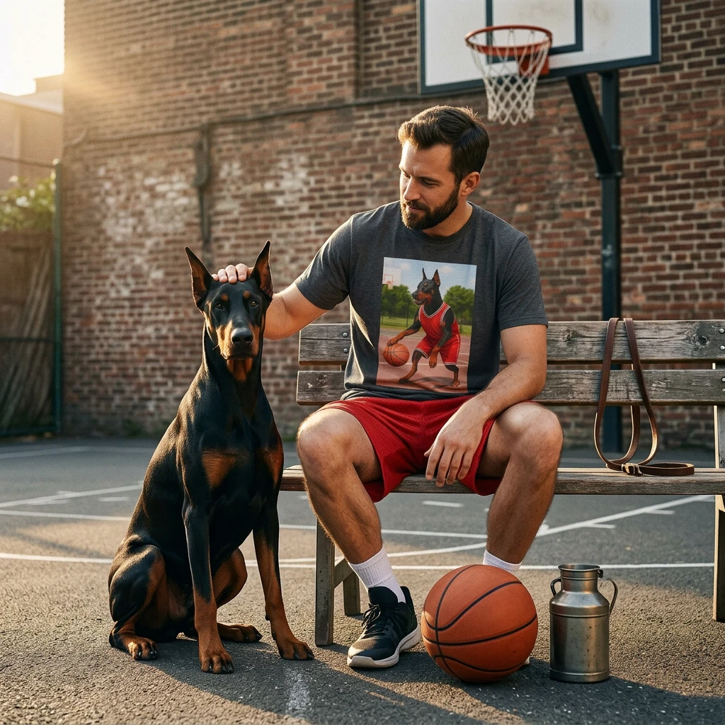 Basketball Doberman Sports T Shirt For Dog Lovers Athletic Hoops Tee Fans Of Basketball And Canine Companions T-Shirt Printify