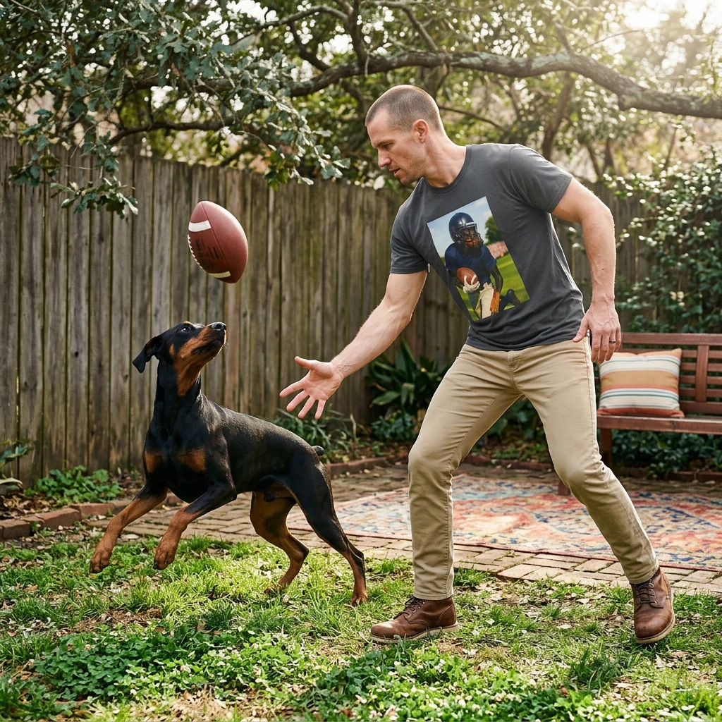 Football Doberman Sports Tee For Dog Lovers And Athletic Fans Canine Themed Activewear For Sidelines And Gym Sessions T-Shirt Printify