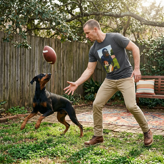 Football Doberman Sports Tee For Dog Lovers And Athletic Fans Canine Themed Activewear For Sidelines And Gym Sessions T-Shirt Printify