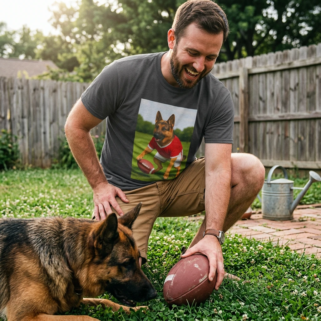 Sports German Shepherd Playing Football Unisex T Shirt Soft Cotton Comfortable Everyday Wear For Dog Lovers T-Shirt Printify