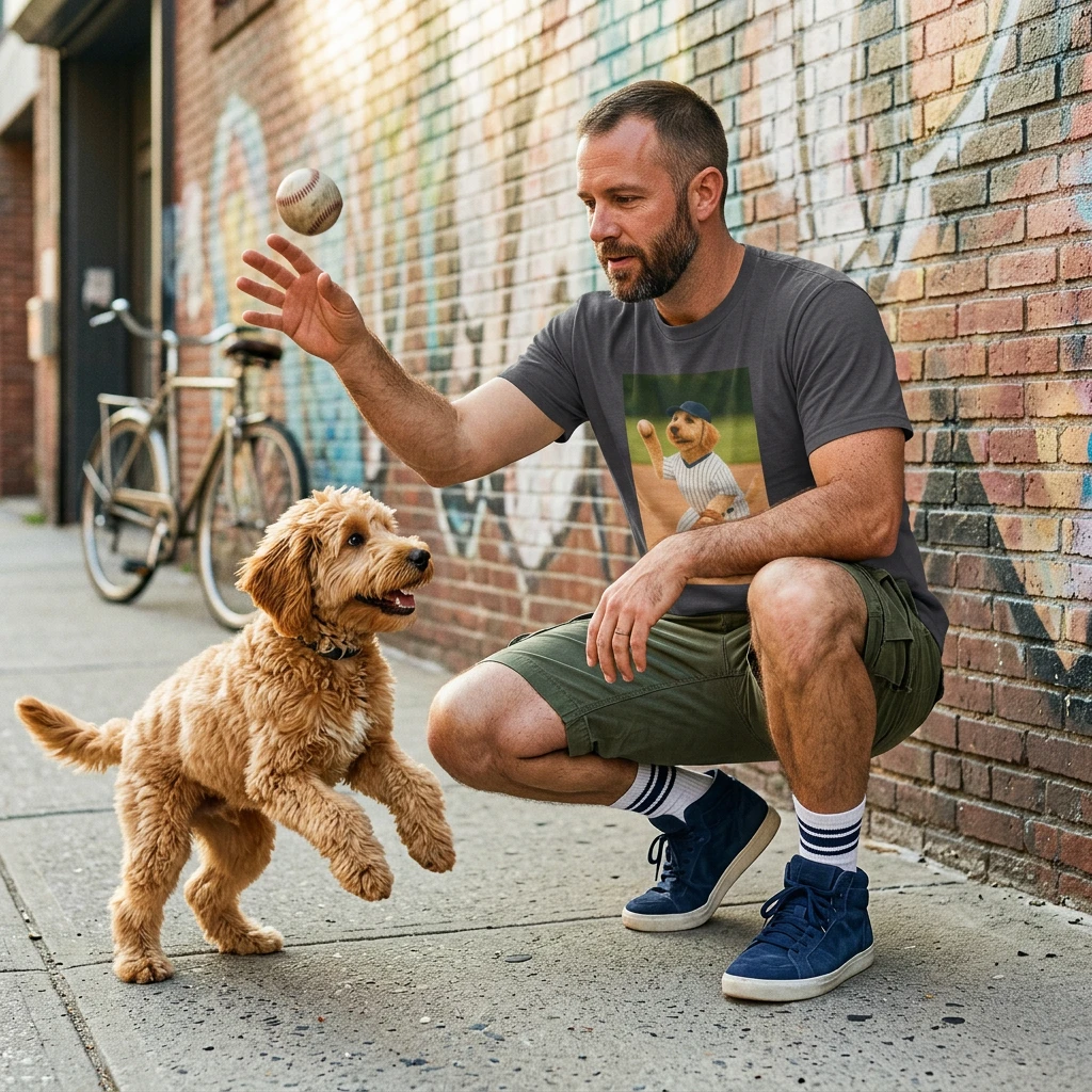 Sports Golden doodle Playing Baseball T-Shirt T-Shirt Printify