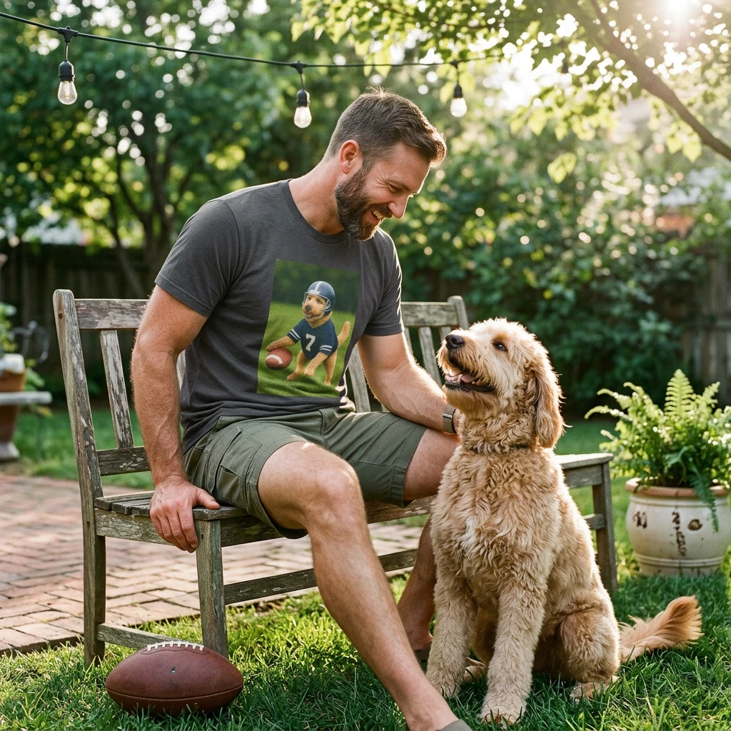 Golden Doodle Playing Football T-Shirt — Sports Dog Lover Tee T-Shirt Printify