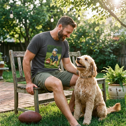 Golden Doodle Playing Football T-Shirt — Sports Dog Lover Tee T-Shirt Printify