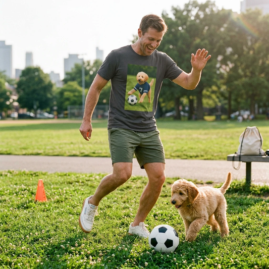 Golden Doodle Soccer T-Shirt — Sports Dog Playing Soccer T-Shirt Printify