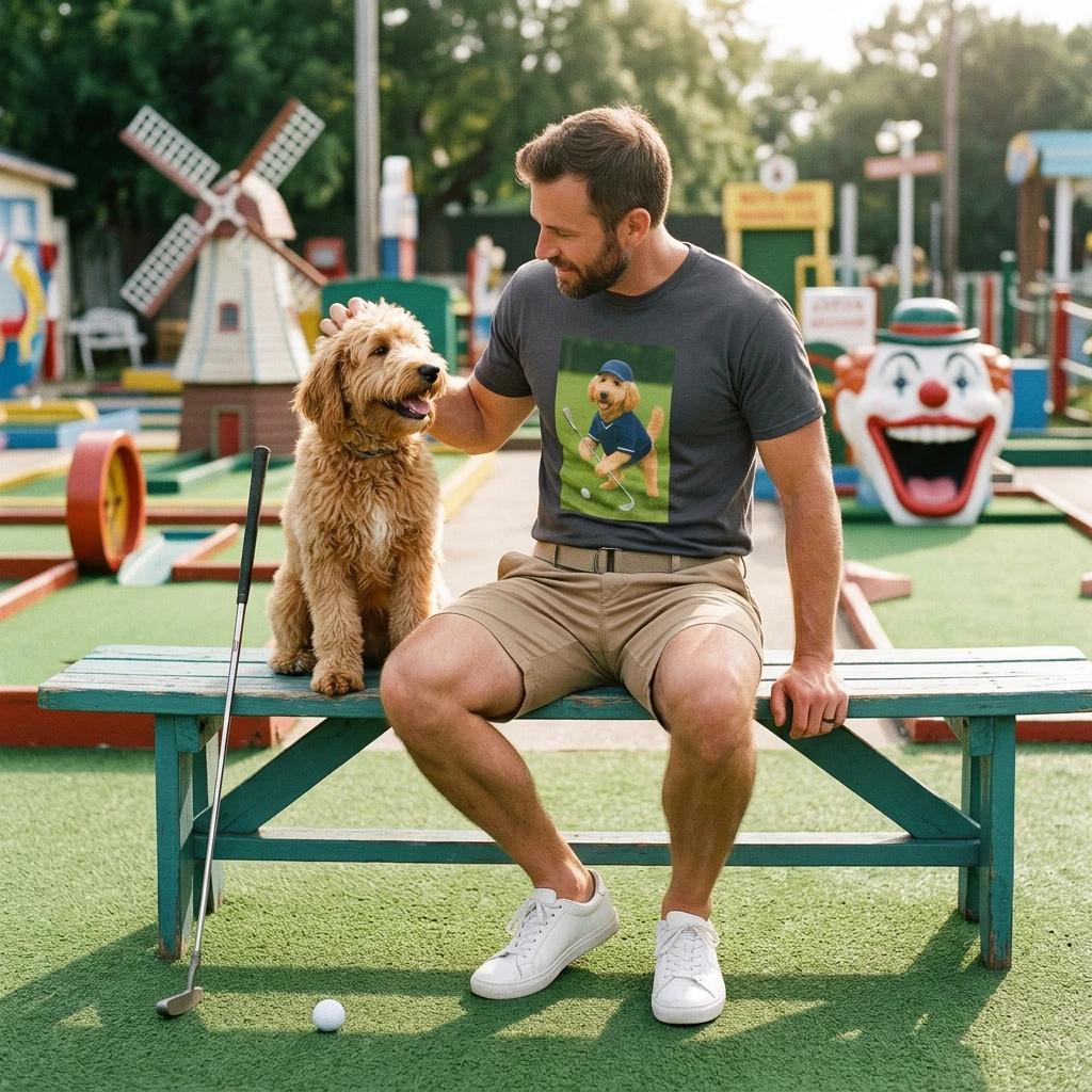 Golden Doodle Playing Golf T-Shirt — Sports Dog Golfing Tee T-Shirt Printify