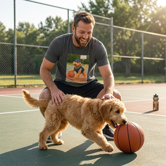 Golden Doodle Basketball T-Shirt — Sports Dog Playing Basketball Tee T-Shirt Printify