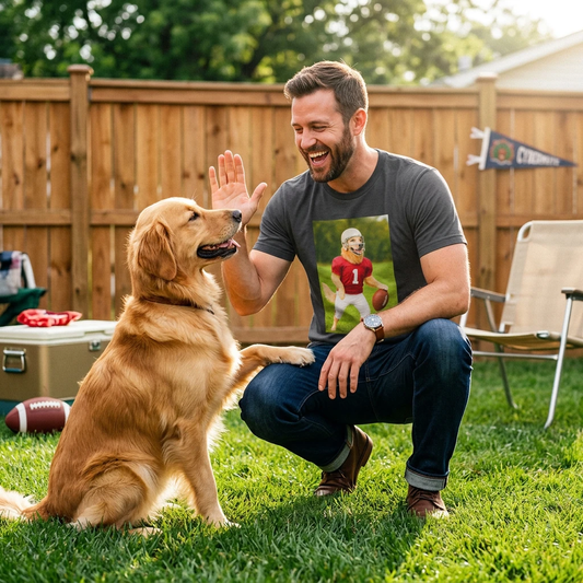Golden Retriever Playing Football T-Shirt — Dog Lover Sports Tee T-Shirt Printify