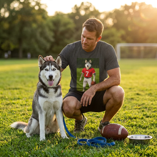 Husky Football T-Shirt — Sports Dog Tee T-Shirt Printify