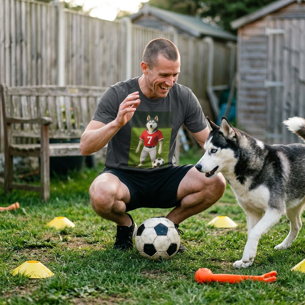 Husky Soccer T-Shirt — Sports Dog Playing Soccer Tee T-Shirt Printify