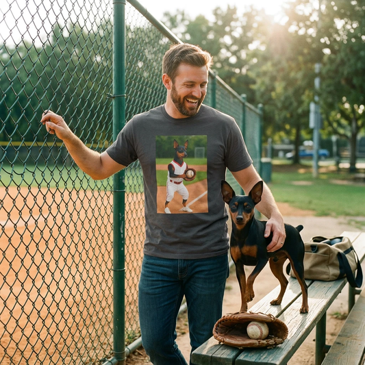 Min Pin Baseball Tee — Miniature Pinscher Dog Lover Sports T-Shirt T-Shirt Printify