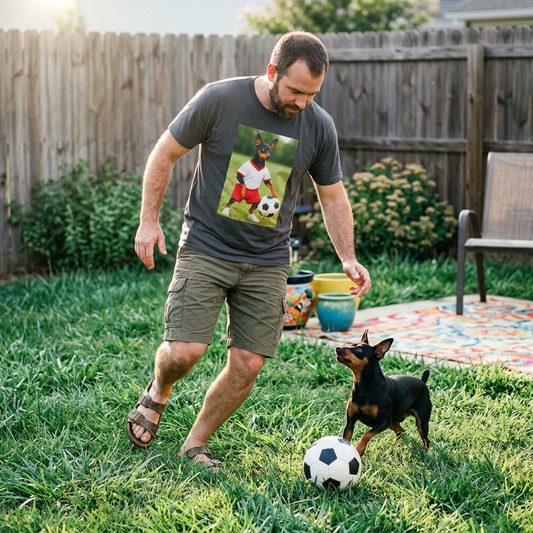 Miniature Pinscher Soccer T-Shirt — "Min Pin Soccer" Dog Lover Sports Tee T-Shirt Printify