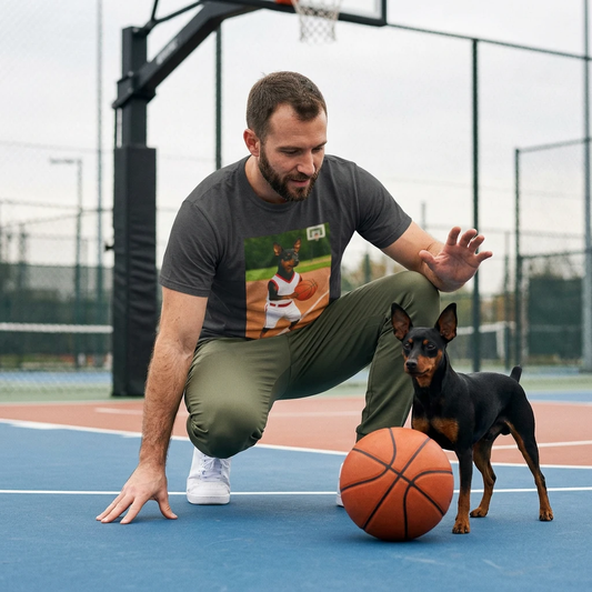 Miniature Pinscher (Min Pin) Basketball T-Shirt — Dog Lover Sports Tee T-Shirt Printify